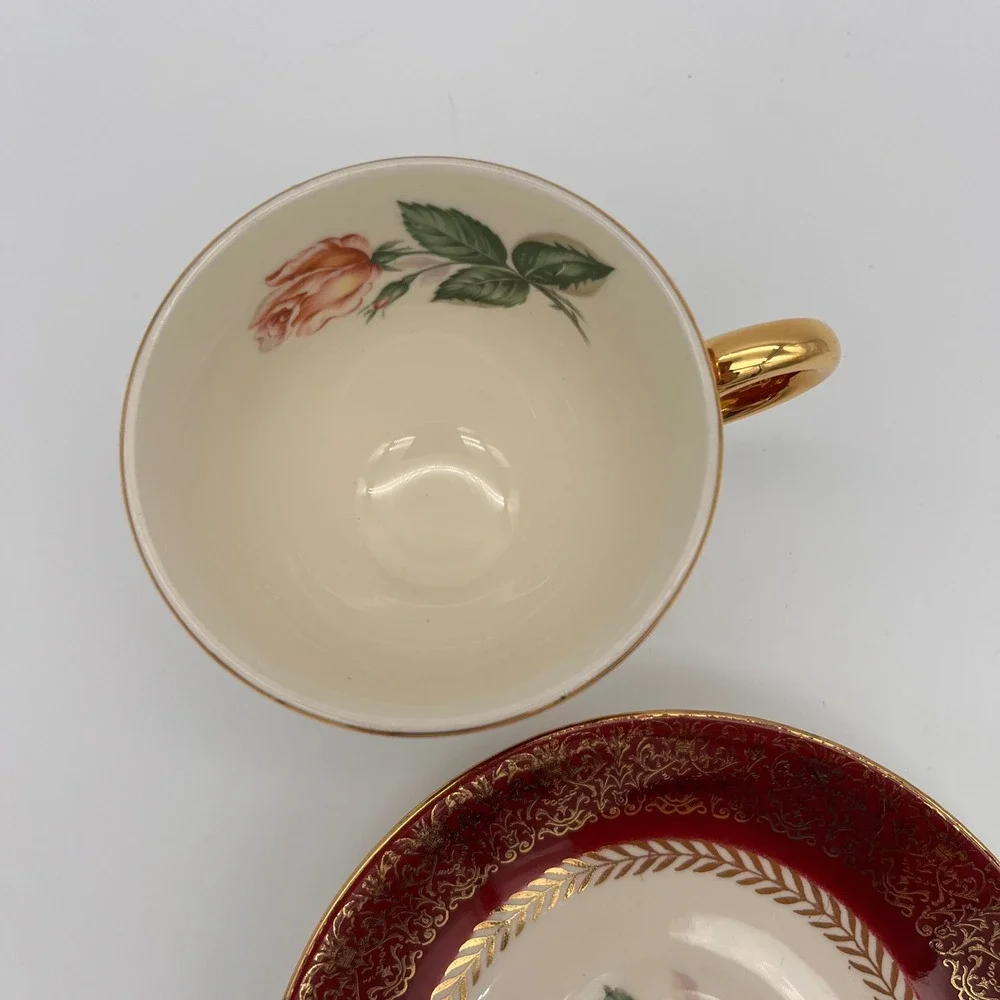 Homer Laughlin Lady Stratford Tea Cup and Saucer Set Maroon Gold Rose 2 Piece